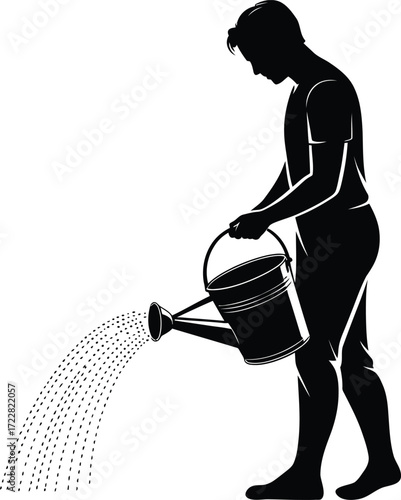 Man Watering Plants Silhouette Gardening Irrigation Garden Maintenance Vector Graphic