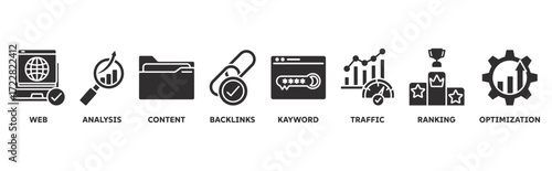 SEO icon set illustration illustration concept with icon of web, analysis, content, backlinks, keyword, traffic, ranking, optimization 