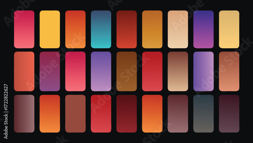 A vibrant array of gradient color swatches arranged on a black background