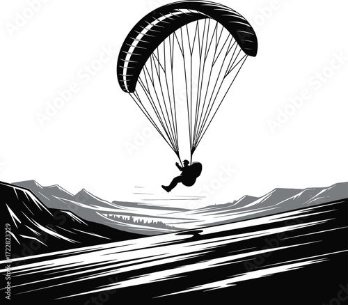 Paragliding Adventure Illustration. Man Silhouette Flying Over Landscape. Freedom Sky