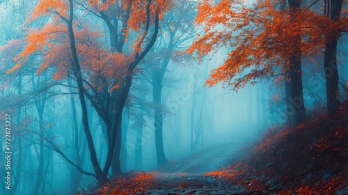Misty Forest Path with Orange and Blue Autumn Foliage at Dawn
