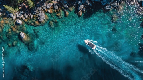 Scenic Aerial View of Clear Blue Water with Boat and Rocks