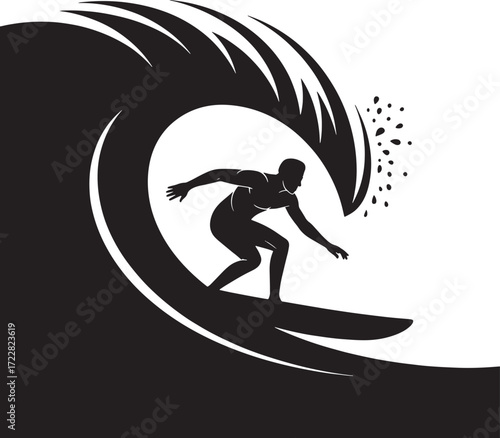 Surfer Riding Wave Silhouette Illustration. Man Surfing Water Sport Extreme Activity