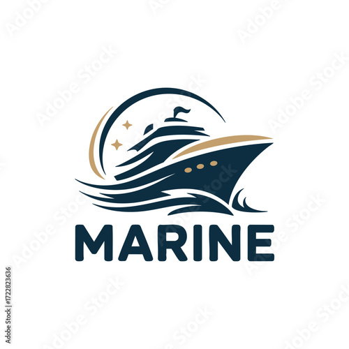 Modern marine cruise ship logo design with waves and stars for nautical brands