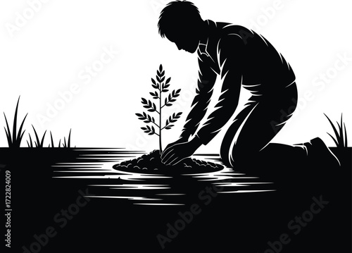 Silhouette of Kneeling Figure Planting Sapling in Wet Soil Conservation Vector
