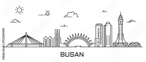 Busan Line Art skyline banner. Busan, South Korea. with white background