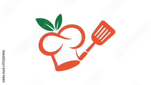 Chef hat with spatula and green leaves logo for culinary excellence and healthy cooking