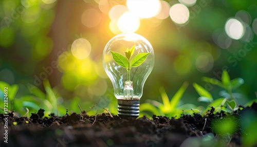 Lightbulb with seedling inside set in soil, bathed in sunlit green foliage, symbolizes growth and potential. Eco-friendly energy concept