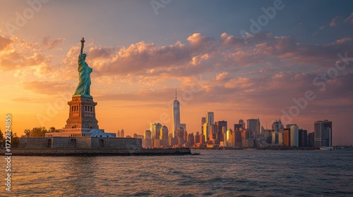 Statue of Liberty Against Sunset Over Manhattan Skyline