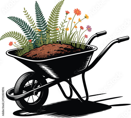 Wheelbarrow Full of Plants and Flowers Vector Illustration