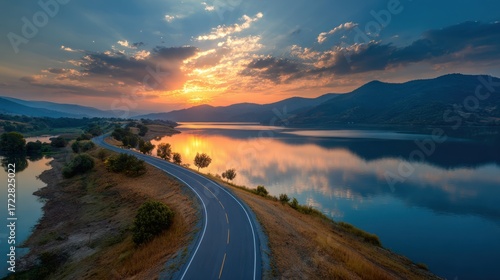 Serene Sunset Over Tranquil Lake with Winding Road and Mountains
