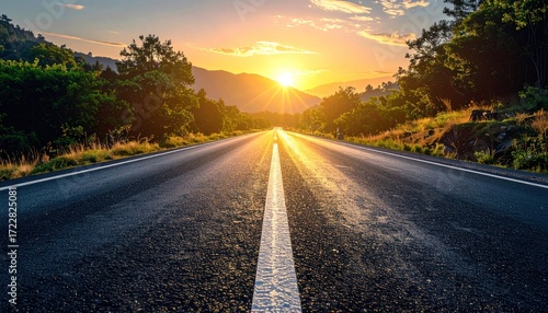 Asphalt road stretches toward distant mountains under a brilliant sunrise, flanked by lush green trees on either side, glowing in golden light