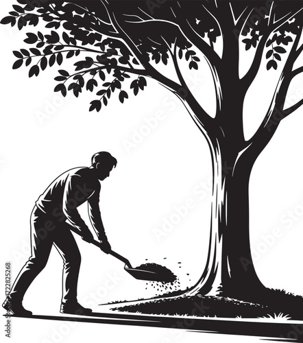 Gardener with Shovel Digging Ground Near Tree Silhouette Vector Black Illustration