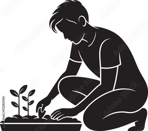 Man Planting Seedling in Garden Silhouette Illustration Black Isolated Vector Icon