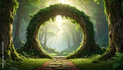 A serene forest portal is composed of lush, climbing plants on a stone path, sunlit, inviting exploration
