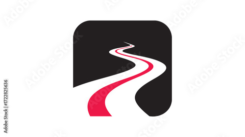 Abstract red and white road path within a black rounded square logo design