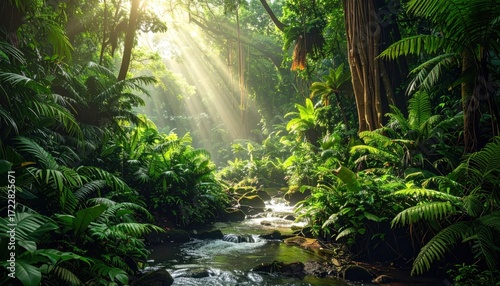 Verdant forest stream. Sunlight filters through dense, lush foliage above a rocky stream, creating a serene, sun-drenched scene of natural beauty