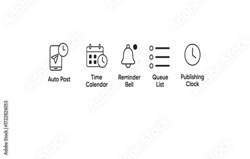Print   Social media scheduling icon set – auto post, time calendar, reminder bell, queue list, and publishing clock, flat minimal vector, isolated on white background.