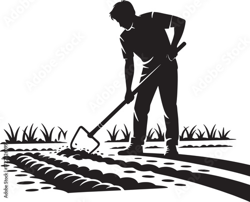 Silhouette Farmer with Hoe Working in Field Preparing Soil on Transparent Backdrop