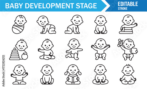 Baby activity icons editable stroke vector set newborn to toddler stages