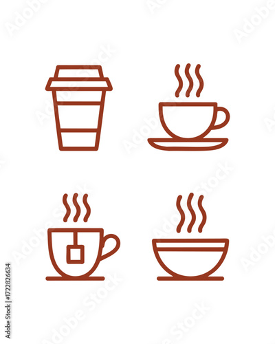 Hot beverage icons set featuring coffee cup tea mug and bowl for cafes restaurants and food businesses