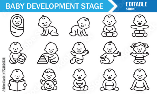 Baby milestone icons collection newborn crawling sitting playing illustrations