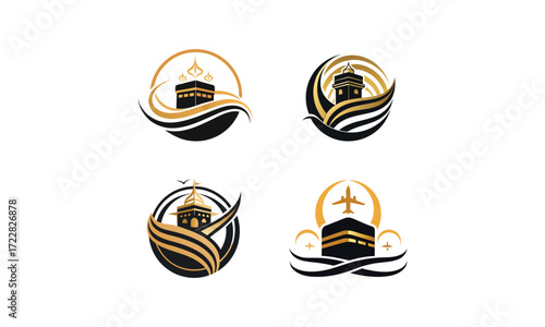 Black and Gold Kaaba Silhouette Icon Set for Islamic Design