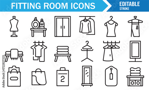 Dressing space fitting room icons pack minimal flat line style illustrations