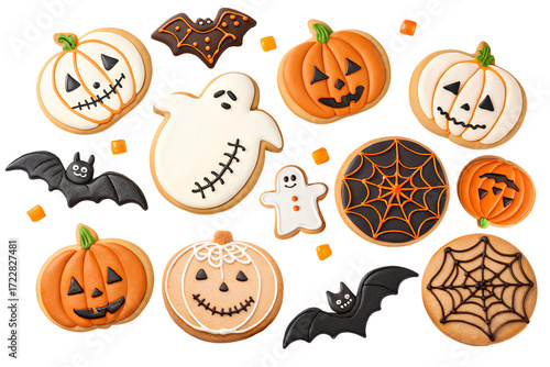 Assorted Halloween cookies decorated as pumpkins, ghosts, bats, and spider webs with colorful icing on transparent background.
