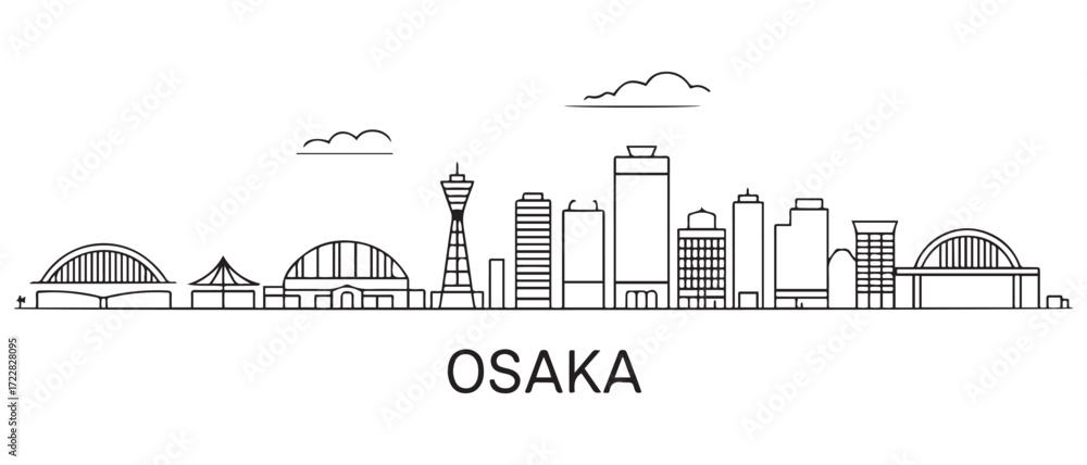 Naklejka premium Osaka Line Art skyline. Black Osaka city. with white background