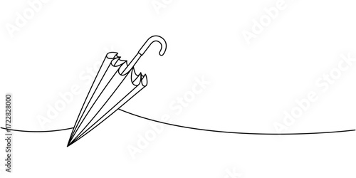 Closed umbrella in continuous line minimalist art style, elegant vector design of folded parasol for rain protection and travel accessory