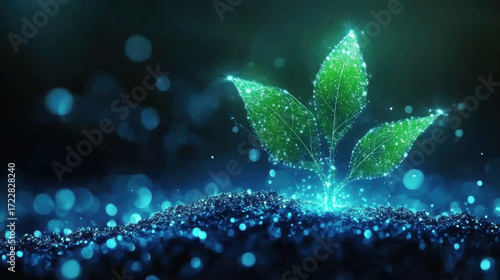 Abstract glowing green plant growing from digital soil representing growth