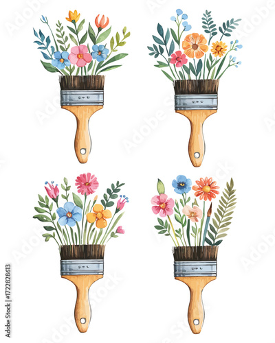 Watercolor paint brushes with vibrant spring flowers bouquet colorful blooms artistic floral design craft tool set