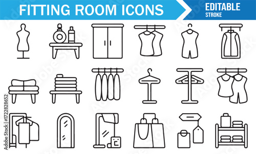Editable stroke fitting room icons outline vector set for clothing store design