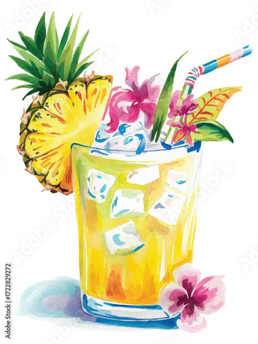 Watercolor tropical cocktail illustration with pineapple slice ice cubes straw exotic flowers summer drink transparent background