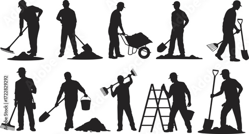 Silhouette construction workers with tools performing manual labor, teamwork, building site activities, carrying, digging, shoveling, raking, wheelbarrow, ladder, bucket