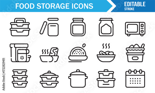Meal prep container icons editable stroke outline style vector illustrations
