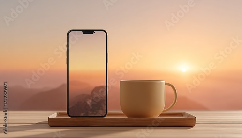 Smartphone and coffee cup on tray with sunrise mountain view