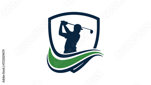 Golf silhouette logo emblem featuring golfer mid-swing and wavy green design elements