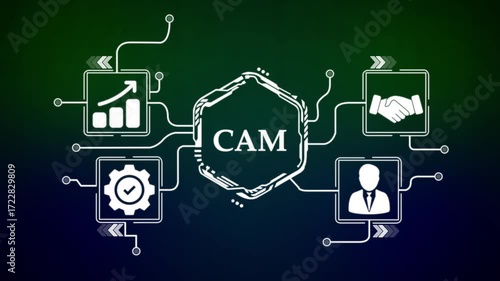 CAM acronym network diagram with business icons concept .4k video animation concept.