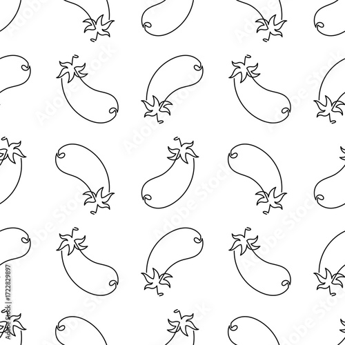 Single line eggplant cartoon seamless pattern. Food vegetable flat illustration isolated on white background. Eggplant in Doodle style. Food illustration line art