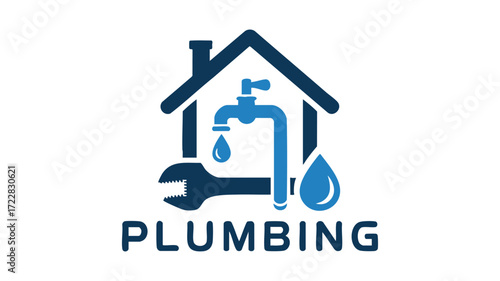 Professional plumbing services logo featuring house faucet wrench and water drop icon