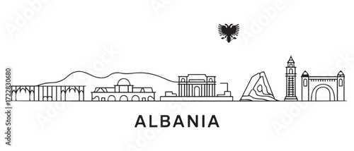 Albania Line Art skyline. Travel Albania famous landmarks. with white background