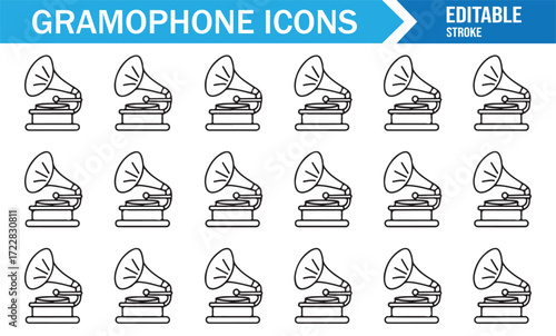 Retro gramophone symbols set with outline phonograph icons vector pack