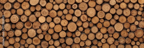 A close-up view of stacked tree trunks, displaying intricate wood grain patterns and a rich, natural brown palette.