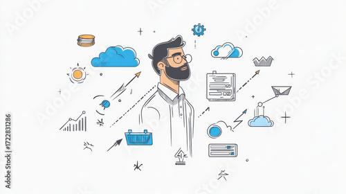 Startup online shopping company milestones infographics. Businessman looking to the future