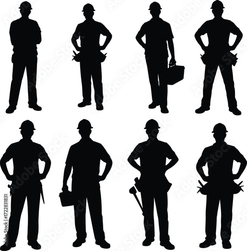 Silhouette illustration of multiple construction workers wearing safety helmets holding toolbox, hammer, and tools representing repair, engineering, building, and maintenance industry.