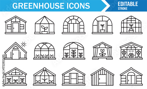 Agriculture greenhouse building icons pack flat outline style illustrations