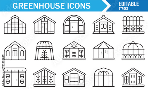Glasshouse and polyhouse icons vector collection for plant growth and nursery