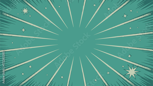 Vibrant retro-inspired graphic background featuring dynamic radial lines bursting from the center, adorned with whimsical star elements, ideal for lively design projects and engaging content creation
